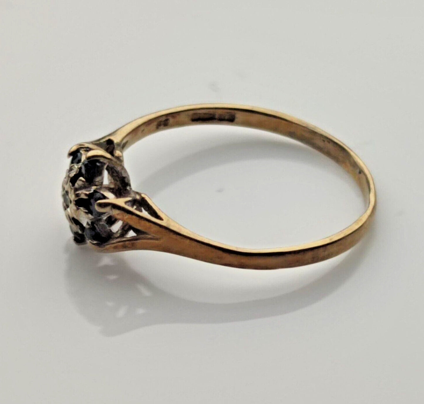 9ct Yellow Gold Ring UK Ring Size P Blue Sapphire and Diamonds