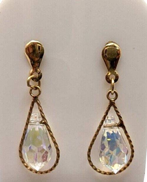 9ct Gold Drop Dangle Earrings Crystal Cut Glass Drop Earrings - 9ct Yellow Gold