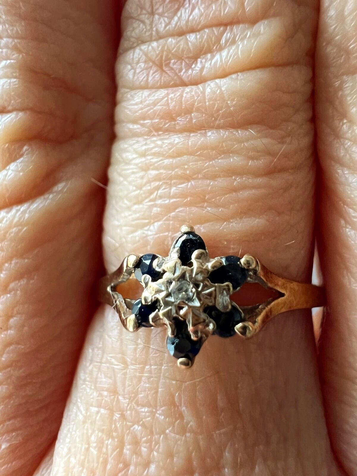 9ct Yellow Gold Ring UK Ring Size P Blue Sapphire and Diamonds