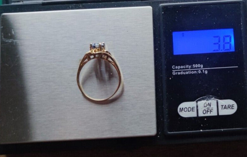 9ct Yellow Gold Ring Blue Tanzanite White Diamonds Gemstones Ring Size: T 1/2