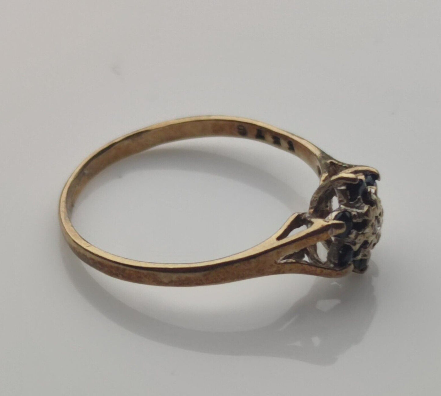 9ct Yellow Gold Ring UK Ring Size P Blue Sapphire and Diamonds
