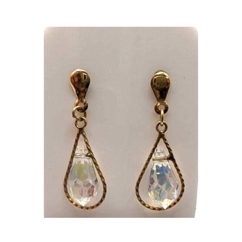 9ct Gold Drop Dangle Earrings Crystal Cut Glass Drop Earrings - 9ct Yellow Gold