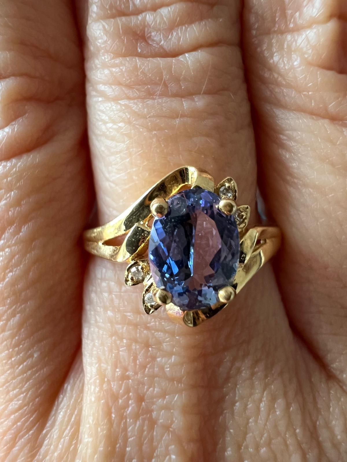 9ct Yellow Gold Ring Blue Tanzanite White Diamonds Gemstones Ring Size: T 1/2