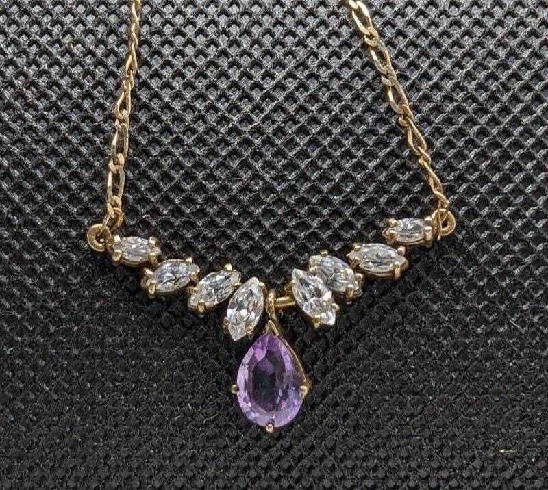 9ct Yellow Gold Necklace Amethyst Drop Pendant 23cm Long