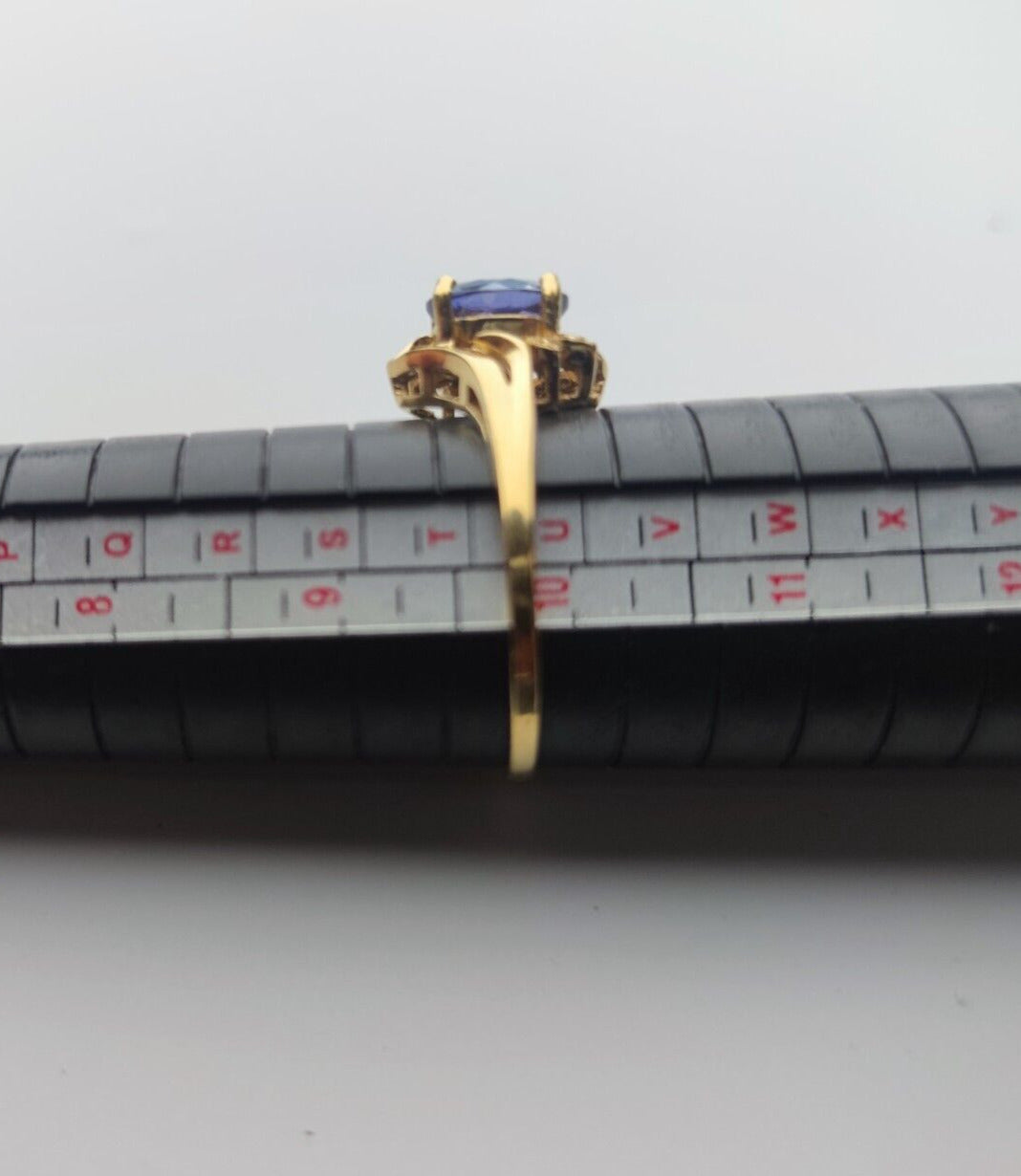 9ct Yellow Gold Ring Blue Tanzanite White Diamonds Gemstones Ring Size: T 1/2