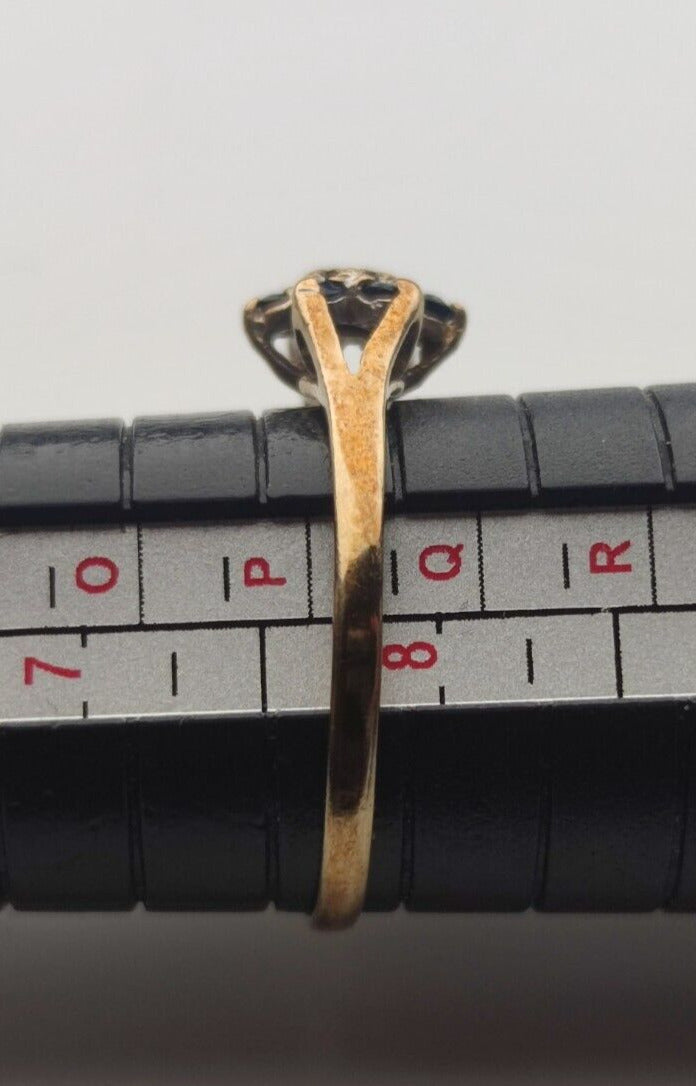 9ct Yellow Gold Ring UK Ring Size P Blue Sapphire and Diamonds