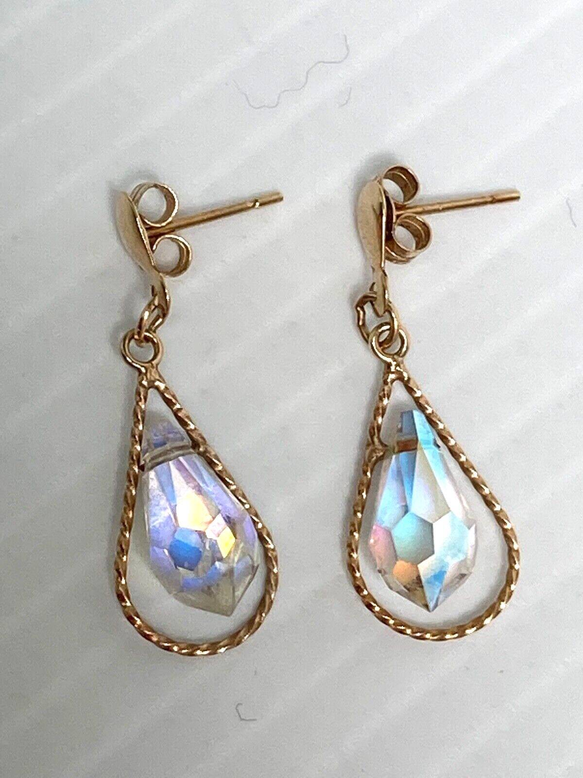 9ct Gold Drop Dangle Earrings Crystal Cut Glass Drop Earrings - 9ct Yellow Gold