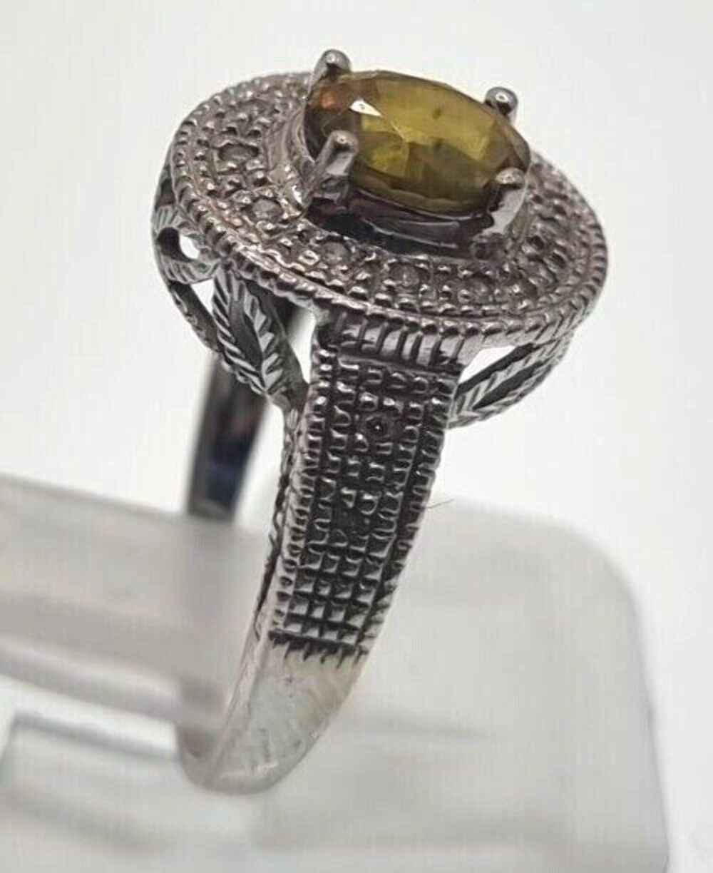 9ct Yellow White Gold Yellow Oval Citrine & Diamond Halo Setting Ring Size N 1/2