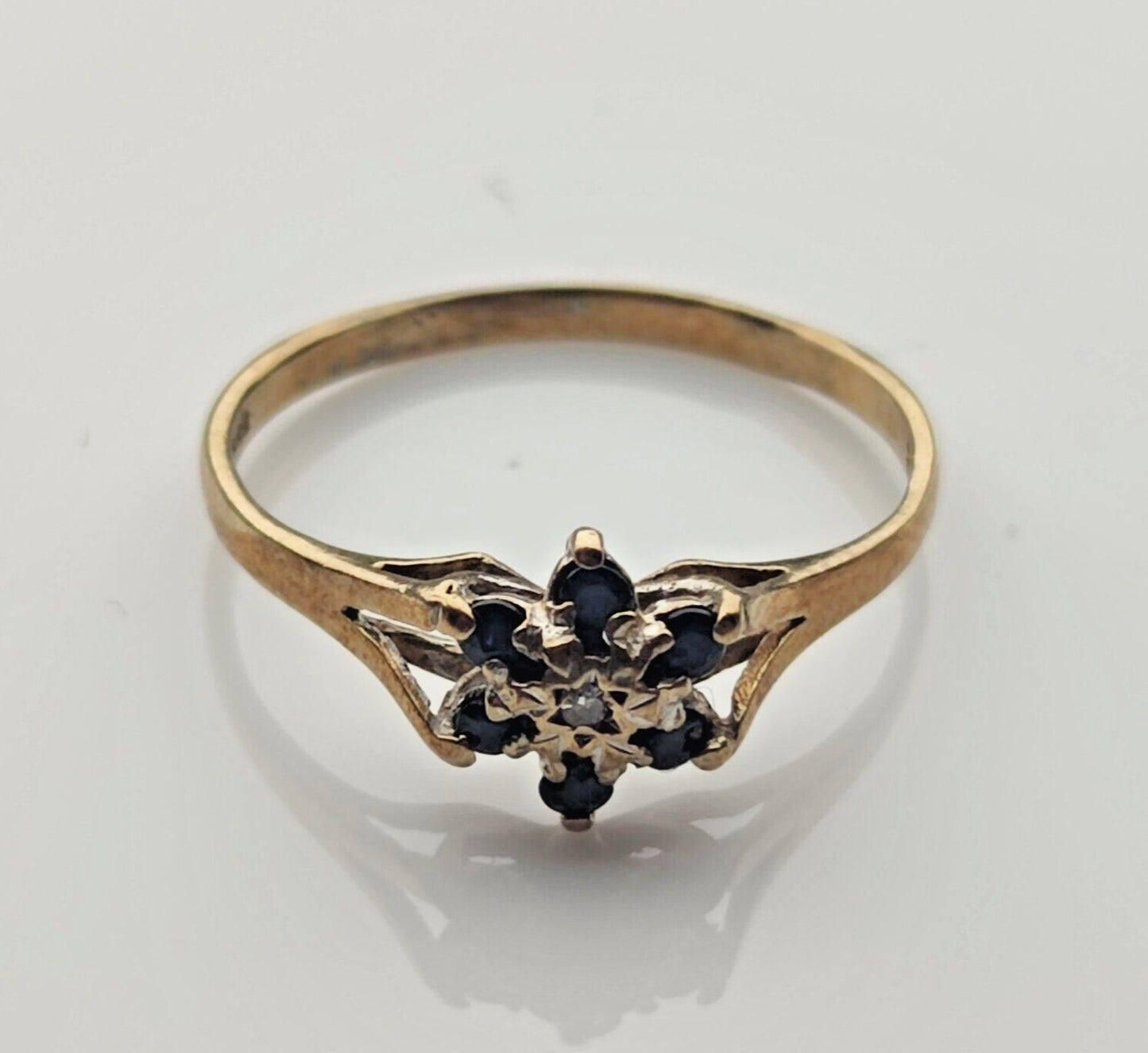 9ct Yellow Gold Ring UK Ring Size P Blue Sapphire and Diamonds