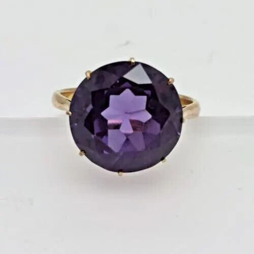 9ct Yellow Gold Ring Purple Round-Cut Alexandrite Prong Gemstone Ring Size O