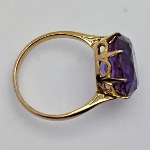 9ct Yellow Gold Ring Purple Round-Cut Alexandrite Prong Gemstone Ring Size O