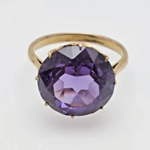 9ct Yellow Gold Ring Purple Round-Cut Alexandrite Prong Gemstone Ring Size O