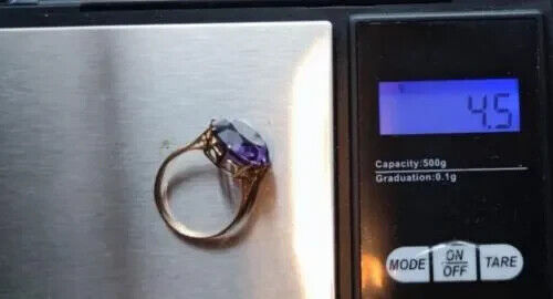 9ct Yellow Gold Ring Purple Round-Cut Alexandrite Prong Gemstone Ring Size O