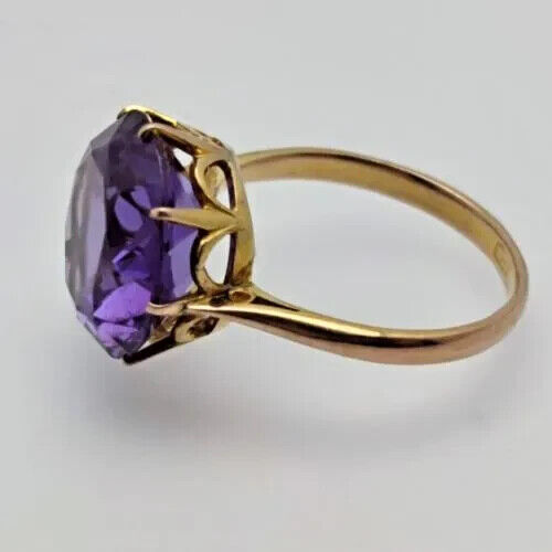 9ct Yellow Gold Ring Purple Round-Cut Alexandrite Prong Gemstone Ring Size O