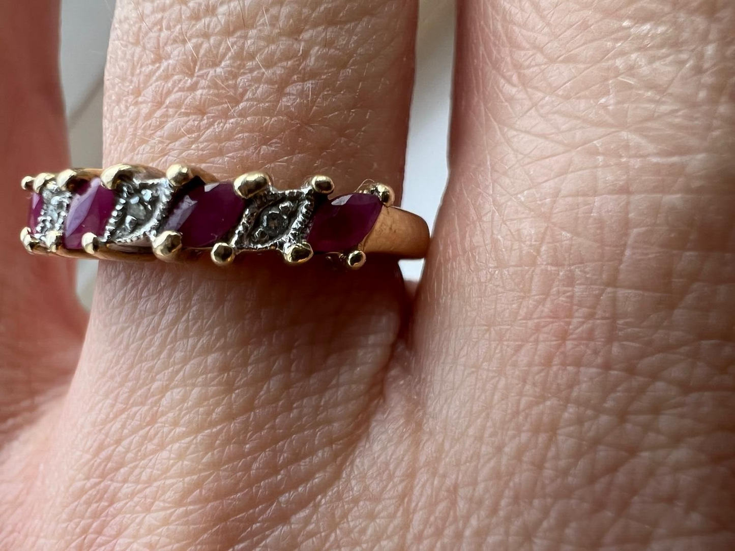 9ct Yellow Gold Red Ruby and Diamonds Prong Setting Hallmarked Ring Size L 1/2