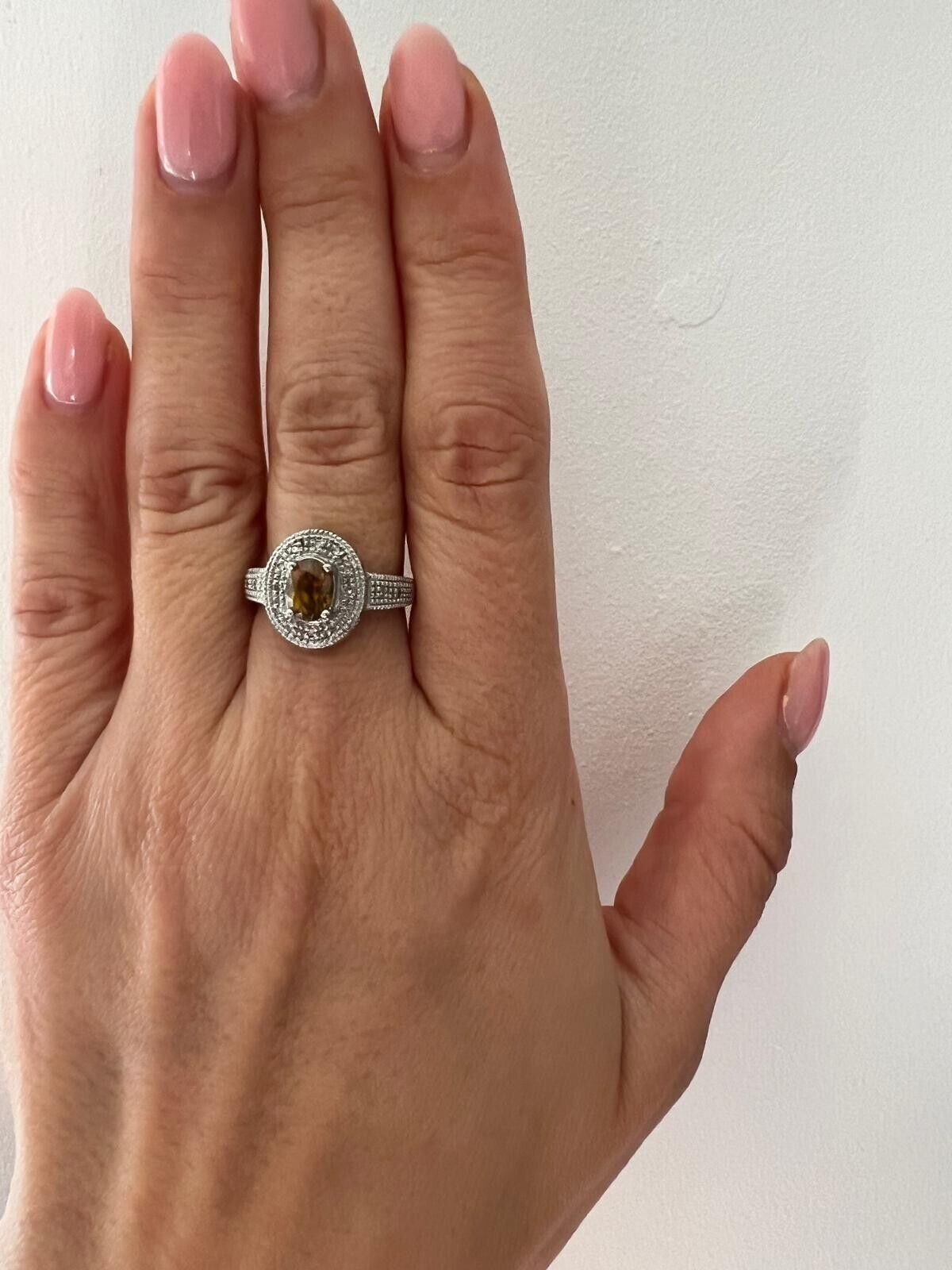 9ct Yellow White Gold Yellow Oval Citrine & Diamond Halo Setting Ring Size N 1/2
