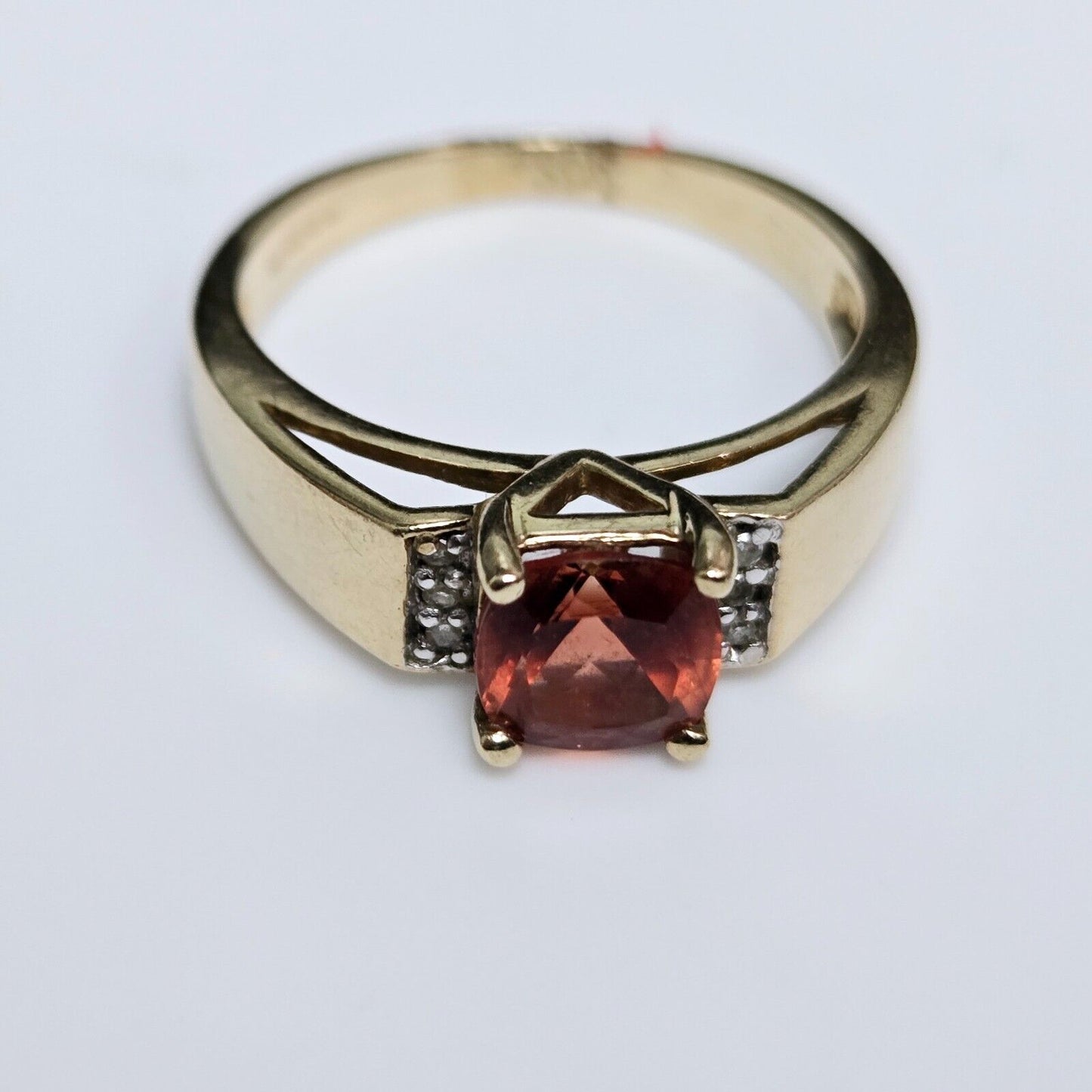 9ct Yellow Gold Ring Orange Citrine & Diamond Prong Setting Ring Size L
