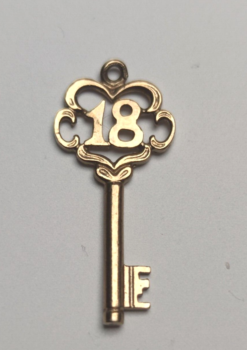 18th Birthday Key Gold Charm 9ct Yellow Gold Size: 28mm x 13mm Solid Gold