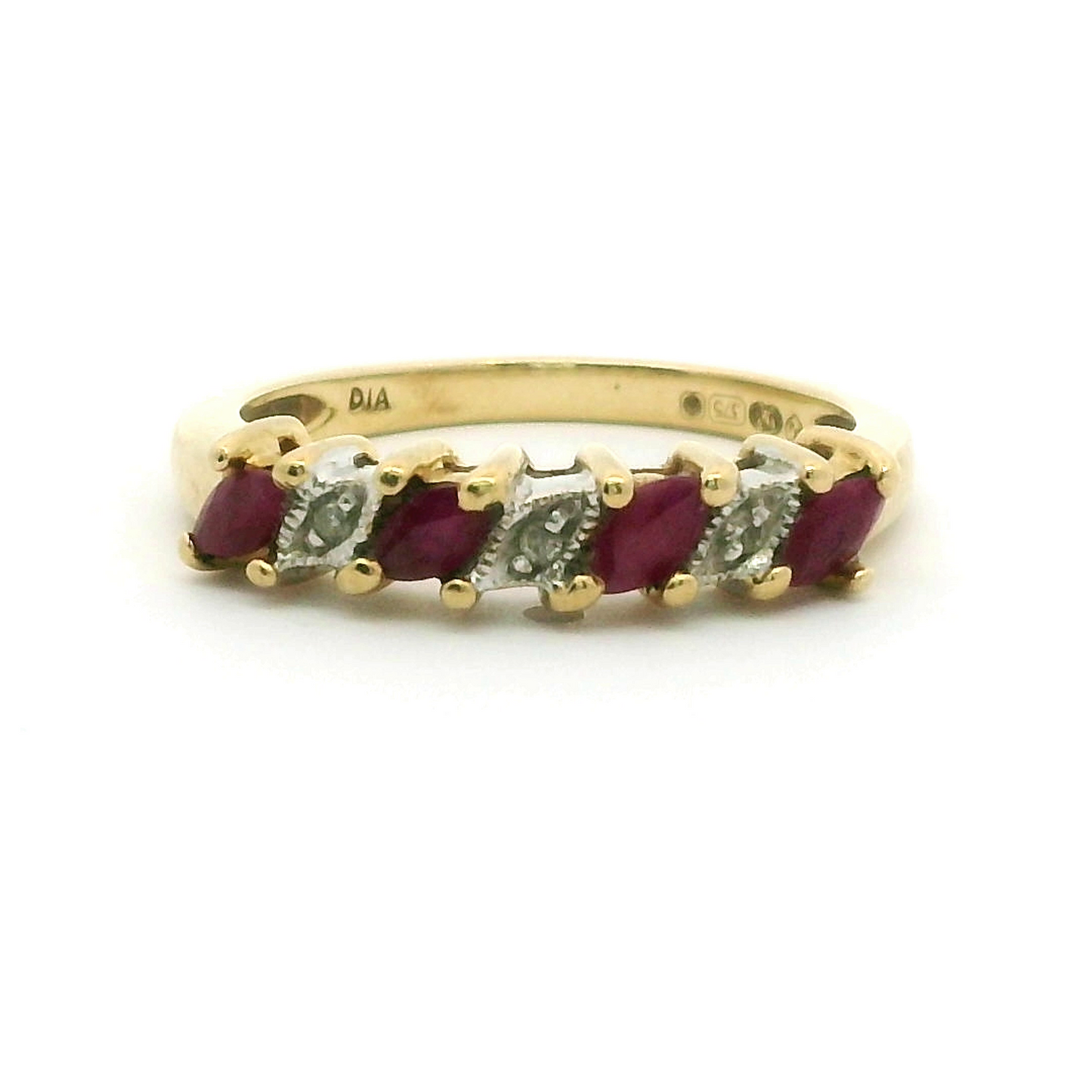9ct Yellow Gold Red Ruby and Diamonds Prong Setting Hallmarked Ring Size L 1/2