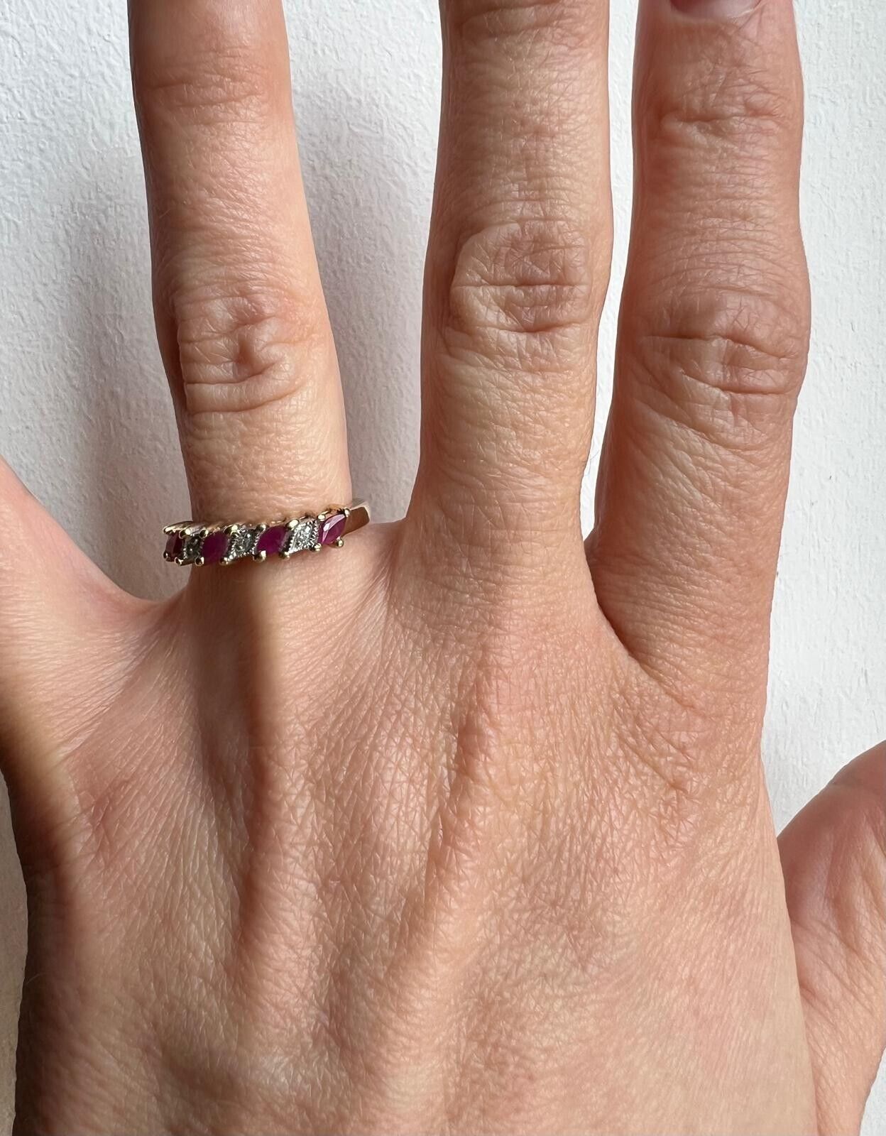 9ct Yellow Gold Red Ruby and Diamonds Prong Setting Hallmarked Ring Size L 1/2