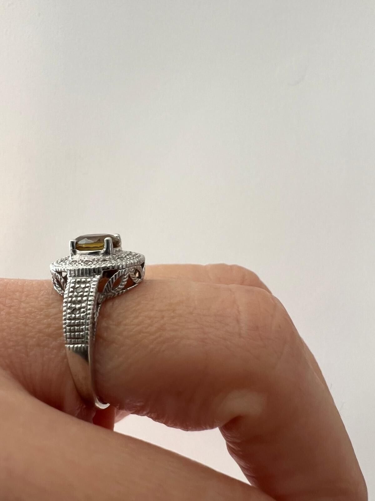 9ct Yellow White Gold Yellow Oval Citrine & Diamond Halo Setting Ring Size N 1/2