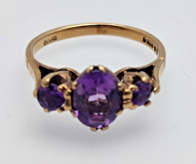 9ct Yellow Gold Ring Purple Amethyst Three Gemstone Setting UK Ring Size K 1/2