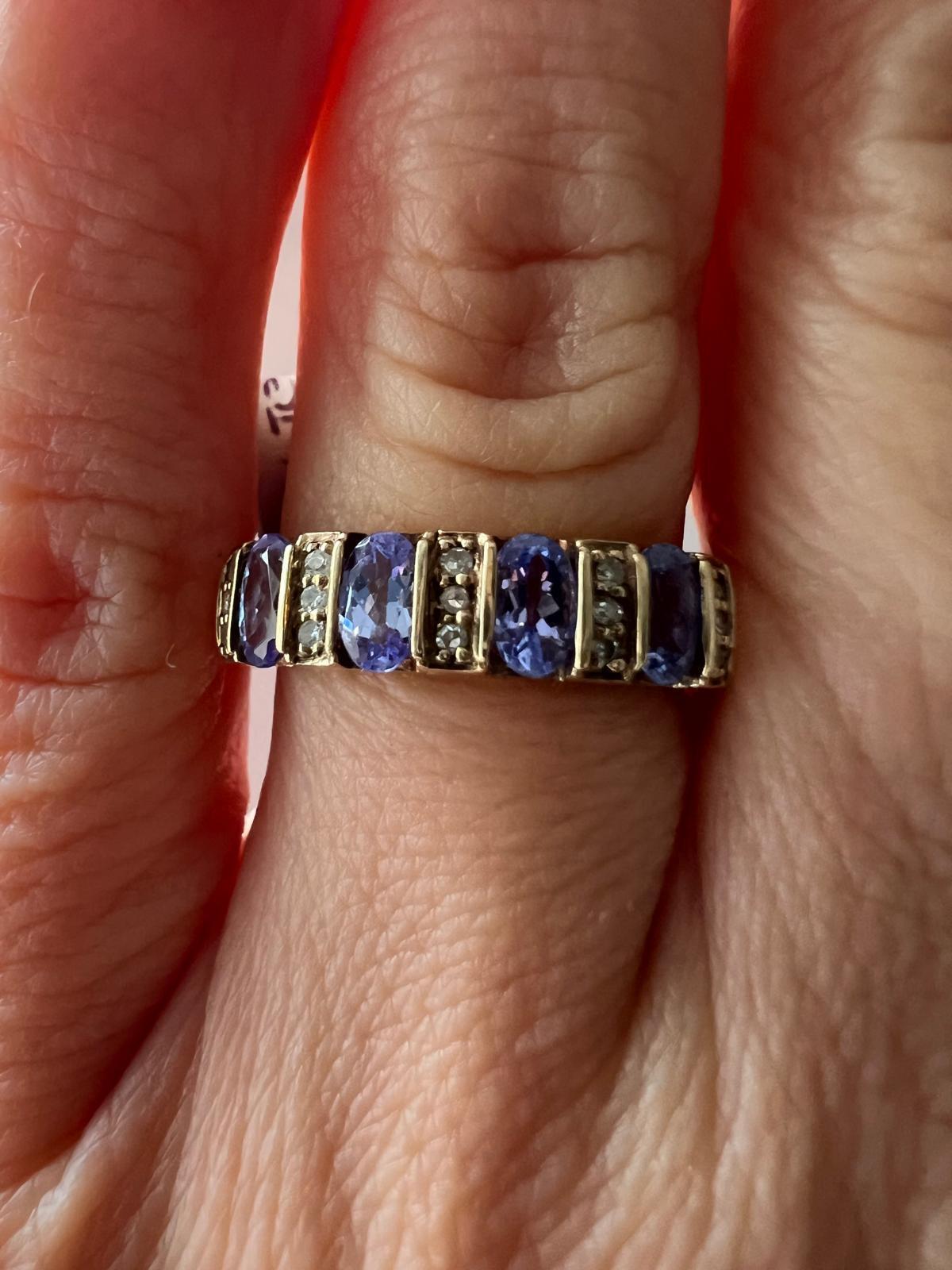 9ct Yellow Gold Ring Blue Tanzanite and Diamonds Ring Size O 1/2