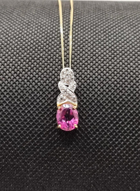 9ct Yellow Gold Chain Pink Tourmaline Pendent Necklace 20" Long