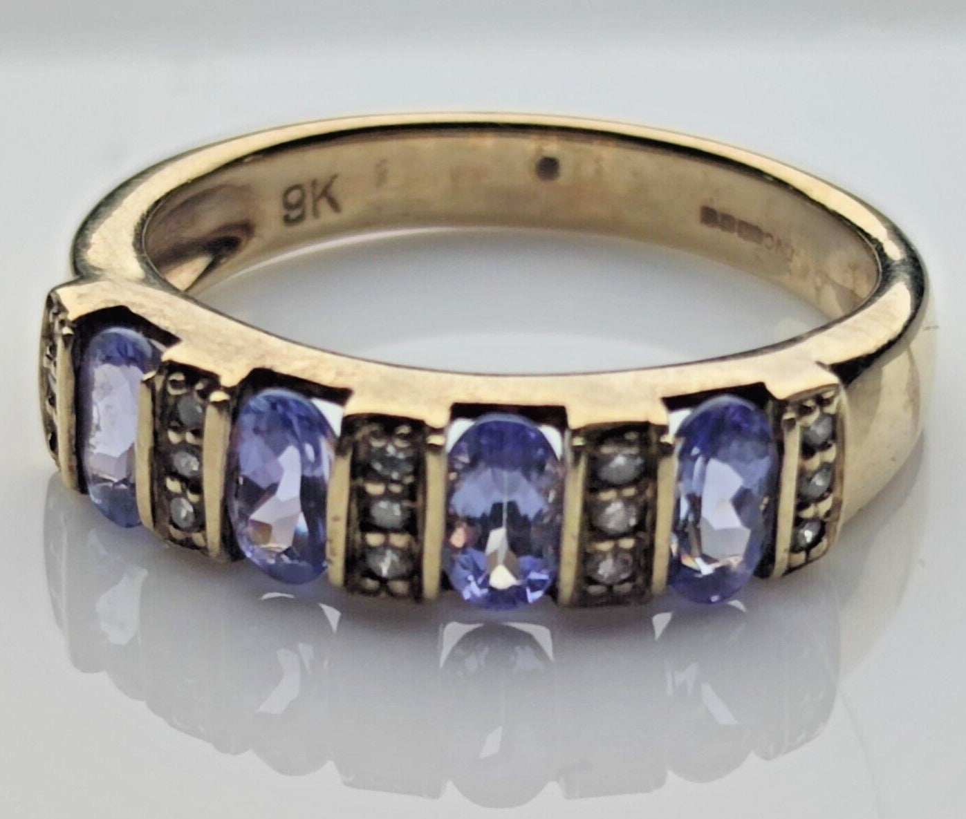 9ct Yellow Gold Ring Blue Tanzanite and Diamonds Ring Size O 1/2
