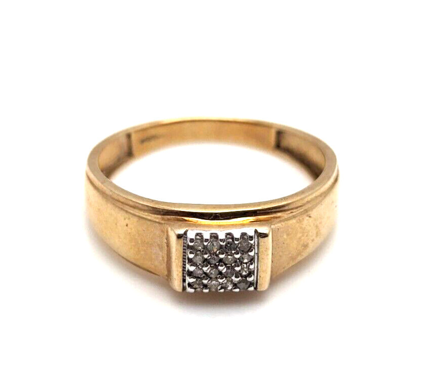 9ct Yellow Gold Signet Ring Colourless Round Diamonds UK Ring Size V