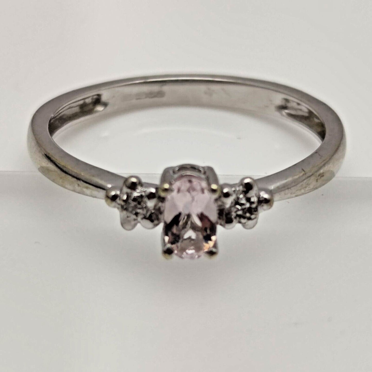 9ct White Gold Ring Rose Quartz and Diamond Natural Gemstones UK Ring Size O