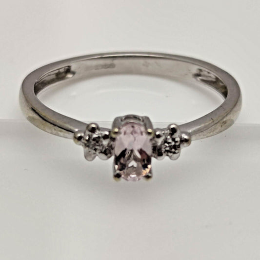 9ct White Gold Ring Rose Quartz and Diamond Natural Gemstones UK Ring Size O