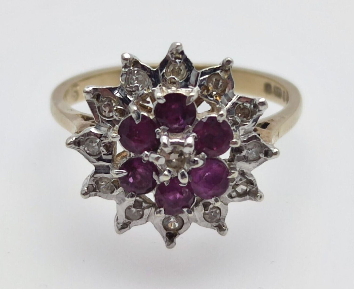 9ct Yellow Gold Ring Round Purple Ruby & Diamond Cluster UK Ring Size O