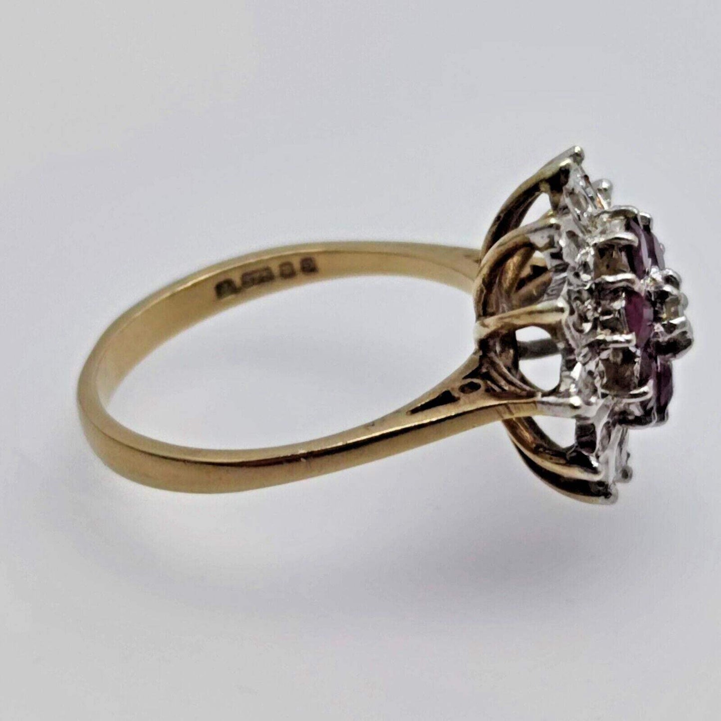 9ct Yellow Gold Ring Round Purple Ruby & Diamond Cluster UK Ring Size O