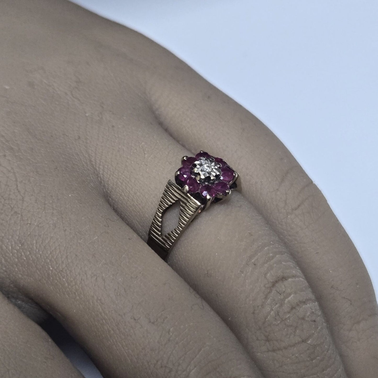 9ct Yellow Gold Pink Ruby Diamonds Cluster Setting Ring Size J