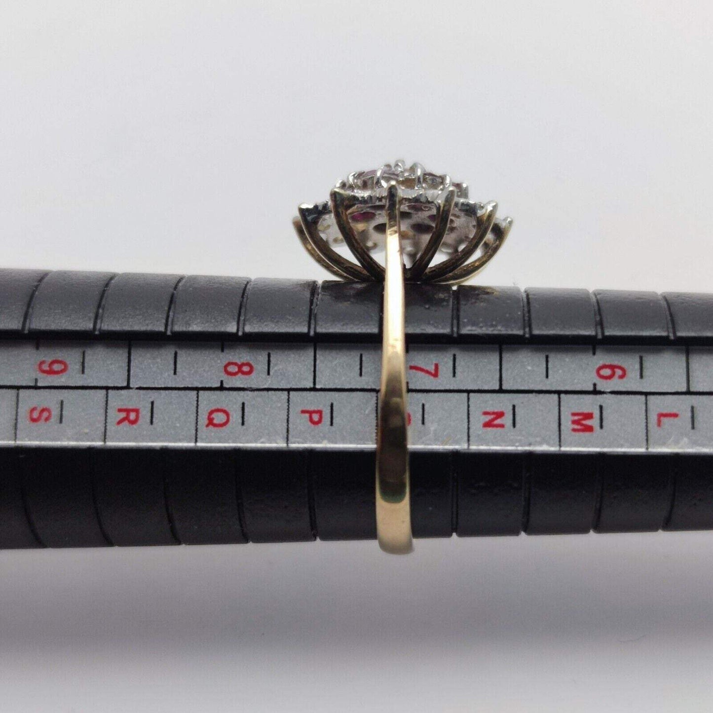 9ct Yellow Gold Ring Round Purple Ruby & Diamond Cluster UK Ring Size O