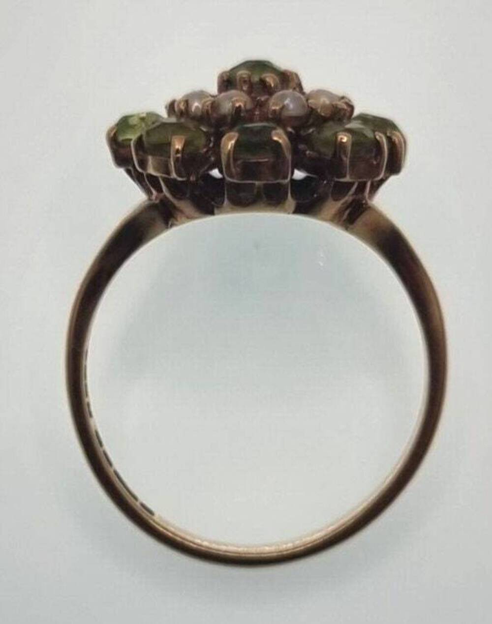 9ct Yellow Gold Ring Green Peridot White Pearl Cluster Setting Ring Size N/ 1/2