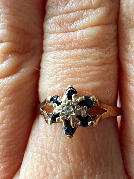 9ct Yellow Gold Ring UK Ring Size P Blue Sapphire and Diamonds
