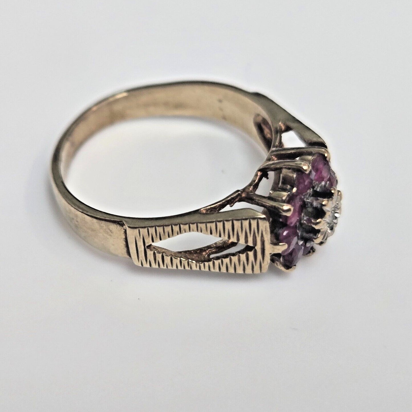 9ct Yellow Gold Pink Ruby Diamonds Cluster Setting Ring Size J