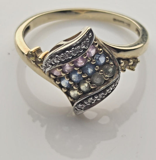 9ct Yellow Gold Ring Topaz and Diamond Multi Coloured Ring Size S 1/2