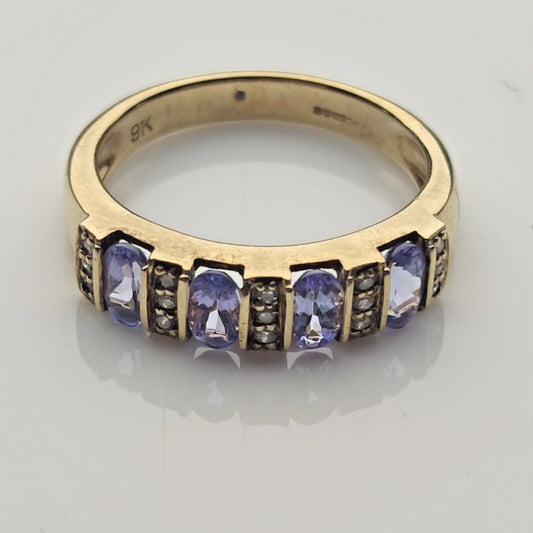 9ct Yellow Gold Ring Blue Tanzanite and Diamonds Ring Size O 1/2