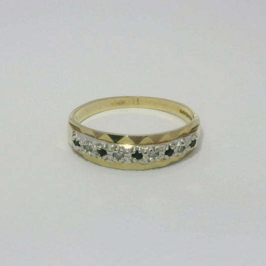 9ct Yellow Gold Ring Black Sapphire and Diamonds Hallmarked Ring Size O 1/2