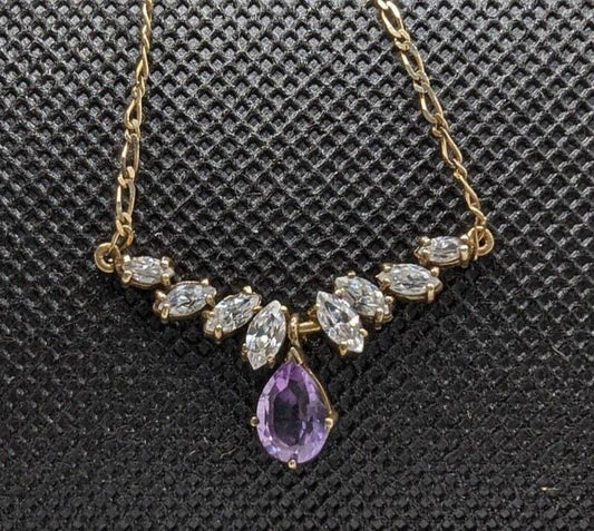 9ct Yellow Gold Necklace Amethyst Drop Pendant 23cm Long