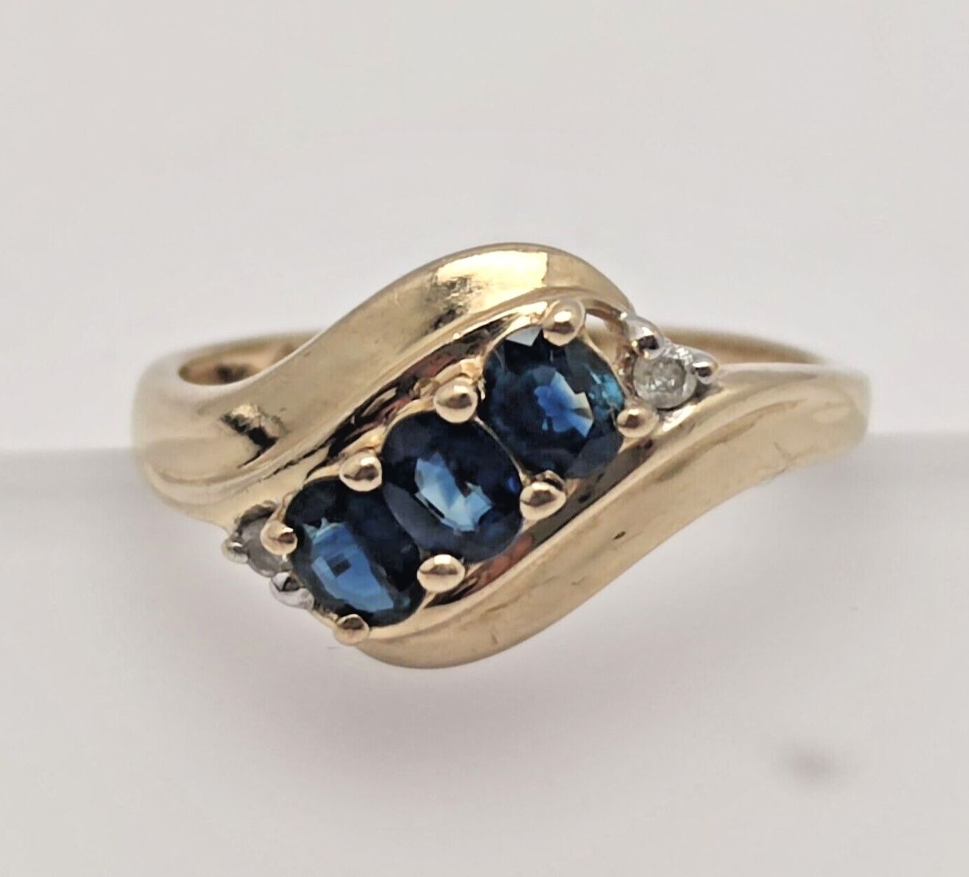 9ct Yellow Gold Ring Size N 1/2 Blue Sapphire & Diamonds Stones Solid Gold