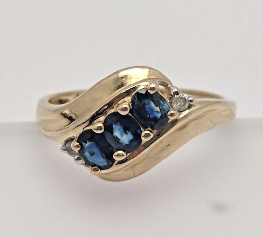 9ct Yellow Gold Ring Size N 1/2 Blue Sapphire & Diamonds Stones Solid Gold