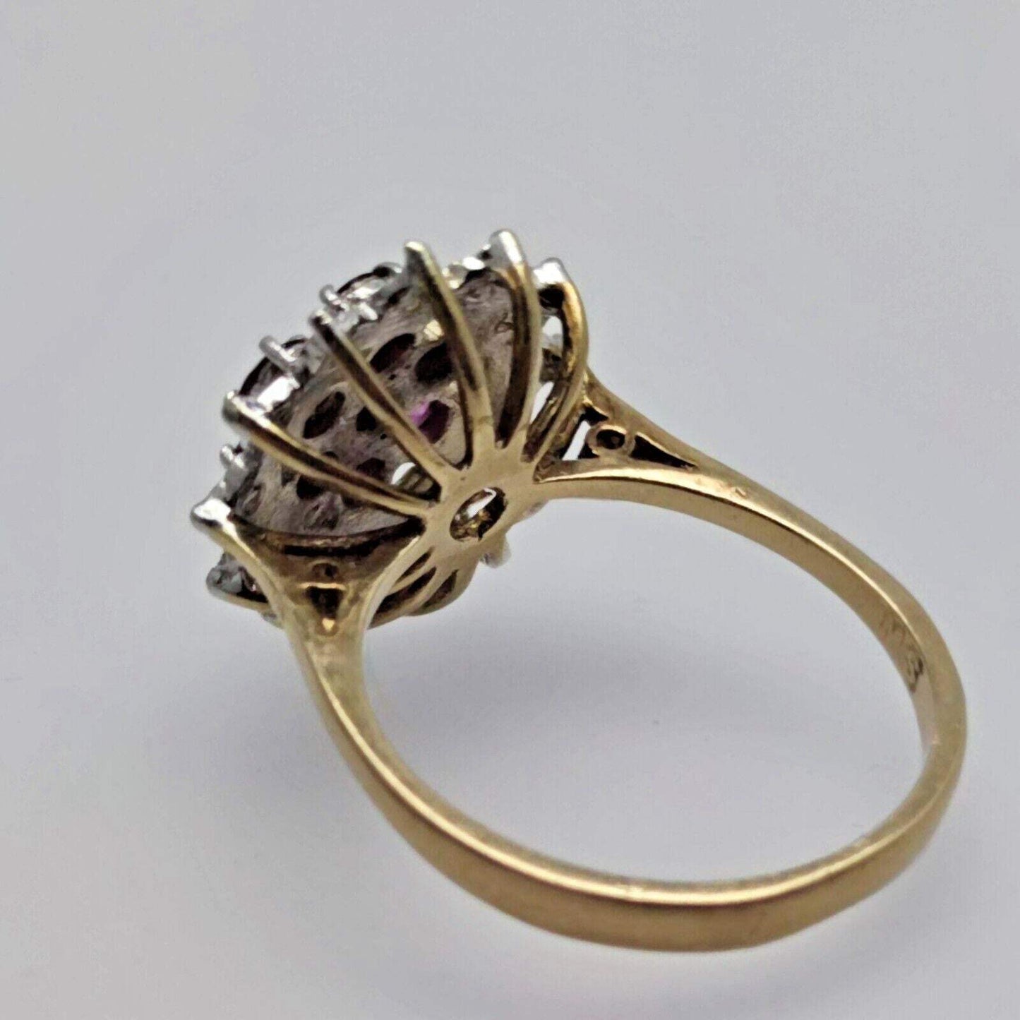 9ct Yellow Gold Ring Round Purple Ruby & Diamond Cluster UK Ring Size O