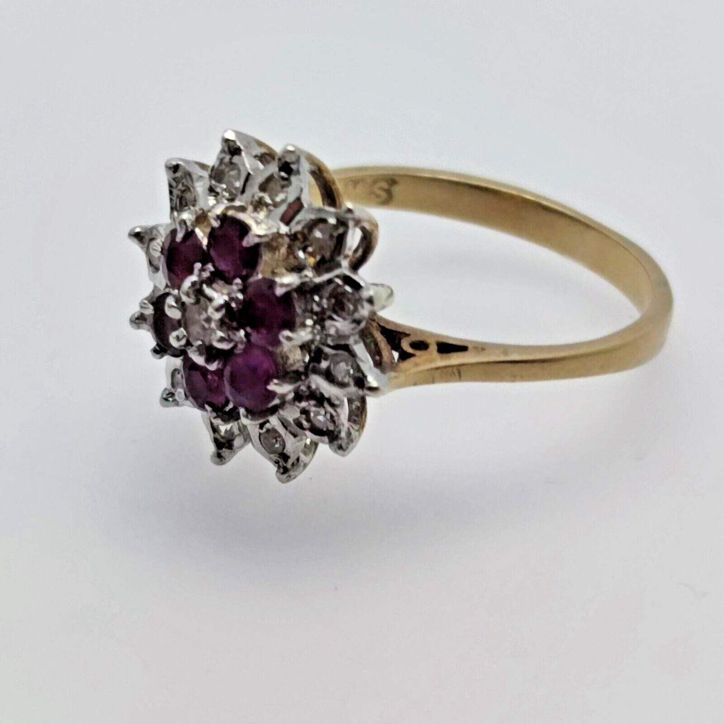 9ct Yellow Gold Ring Round Purple Ruby & Diamond Cluster UK Ring Size O
