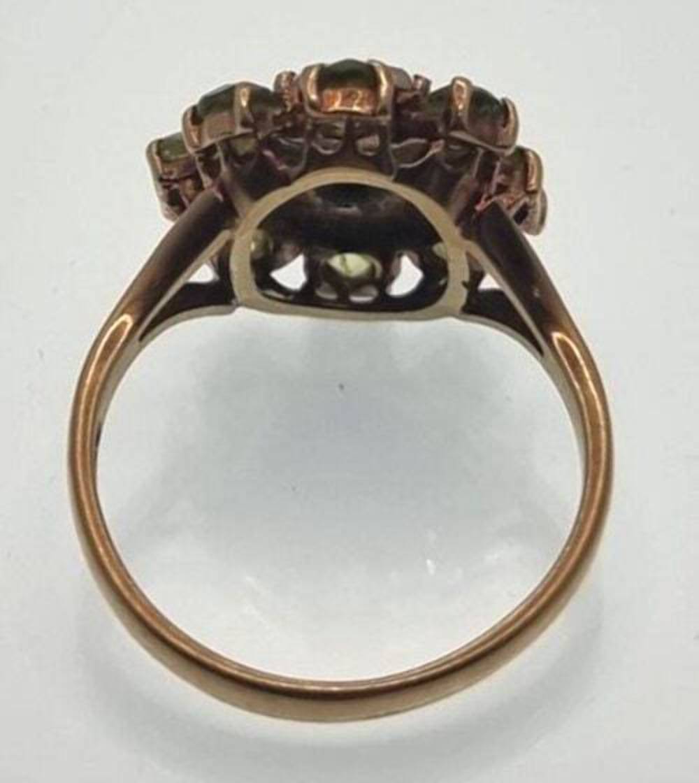 9ct Yellow Gold Ring Green Peridot White Pearl Cluster Setting Ring Size N/ 1/2