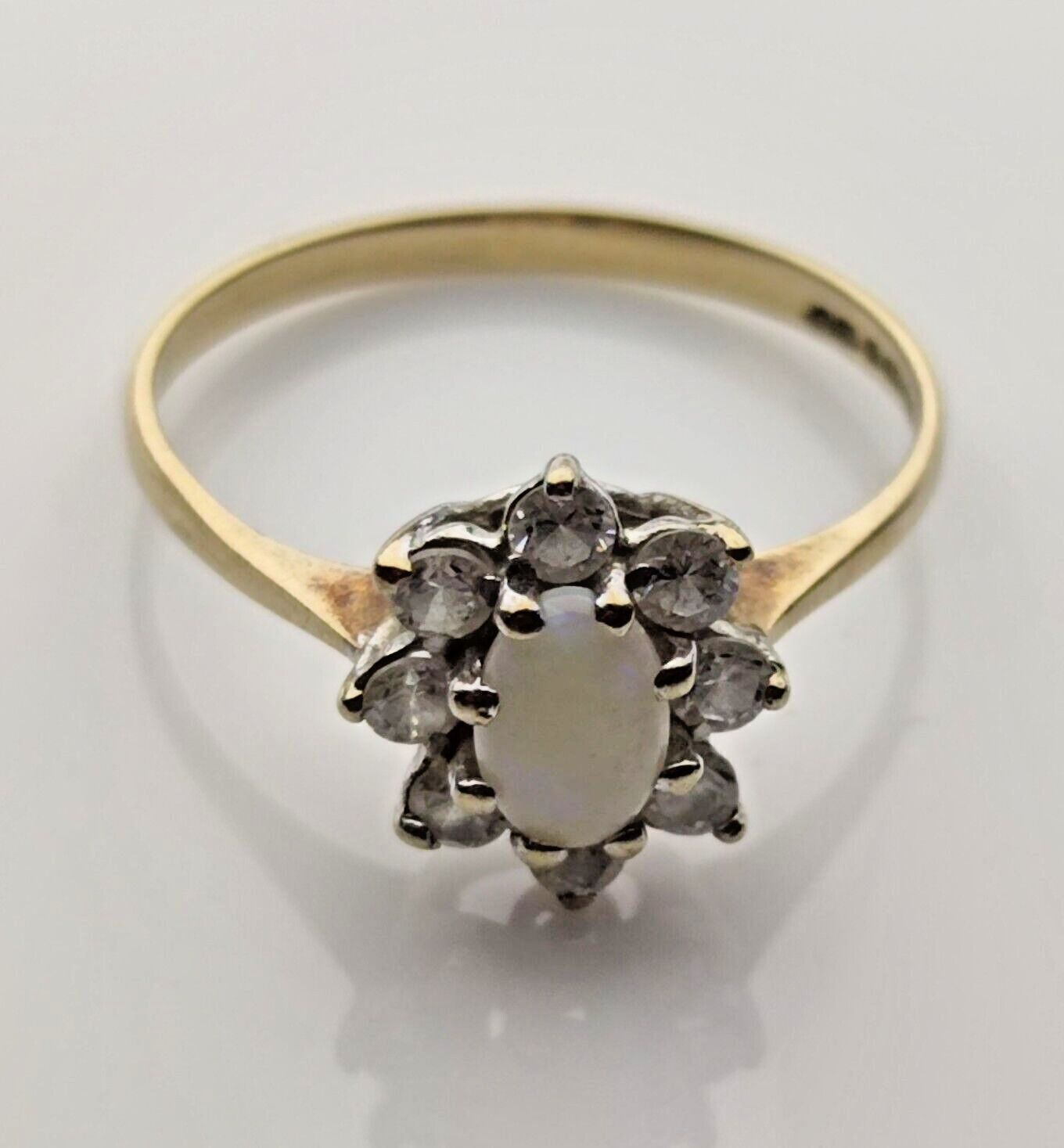 9ct Yellow Gold Ring Oval White Opal Halo Setting Gemstones UK Ring Size P