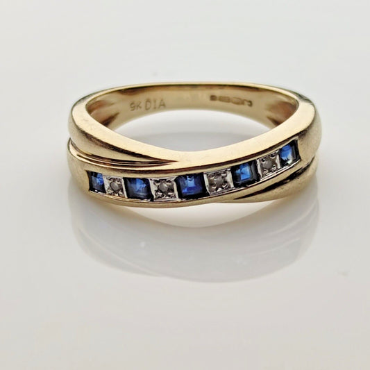 9ct Yellow Gold Crossover Ring Sapphire and Diamond Gemstones Ring Size: L